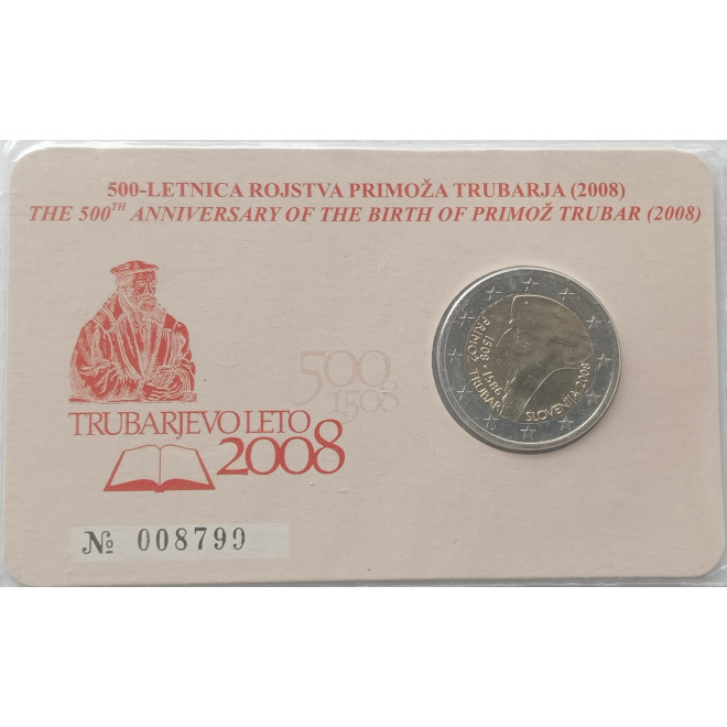 Rewers monety Słowenia 2 euro 2008 500 rocznica urodzin Primoža Trubara
