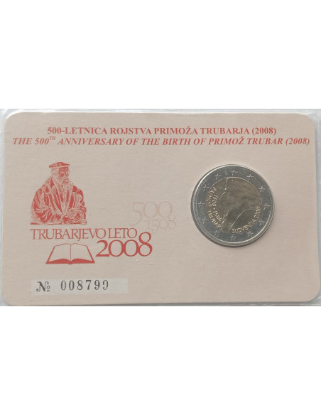 Rewers monety Słowenia 2 euro 2008 500 rocznica urodzin Primoža Trubara