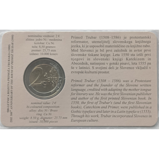 Rewers monety Słowenia 2 euro 2008 500 rocznica urodzin Primoža Trubara