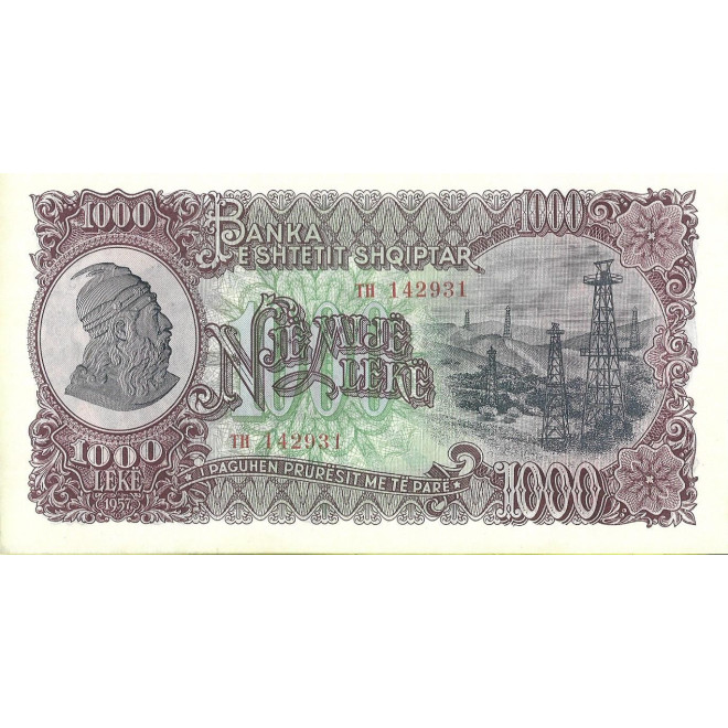 Tył banknotu Albania 1 000 Lek 1957 UNC
