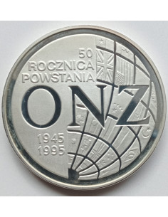 Awers monety 20 Złotych 1995 50. rocznica – Organizacja Narodów Zjednoczonych