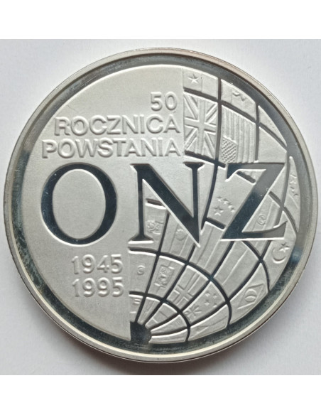Awers monety 20 Złotych 1995 50. rocznica – Organizacja Narodów Zjednoczonych