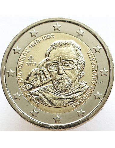 Awers monety 2 euro 2019 Setna rocznica urodzin Manolisa Andronicosa