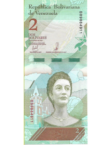 Przód banknotu Wenezuela 2 Bolivar 2018 UNC