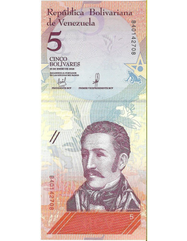 Przód banknotu Wenezuela 5 Bolivar 2018 UNC