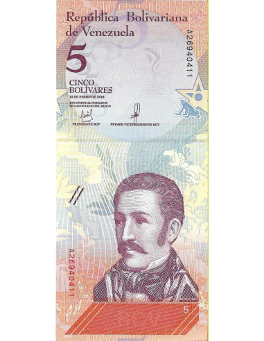 Przód banknotu Wenezuela 5 Bolivar 2018 UNC