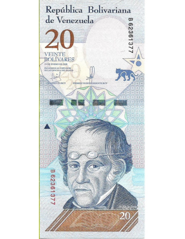 Przód banknotu Wenezuela 20 Bolivar 2018 UNC