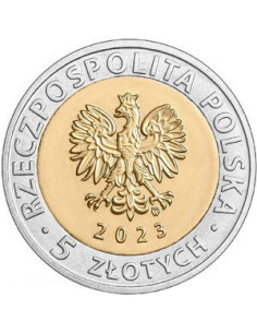Awers monety 5 zł 2023 Odkryj Polskę – Pocysterski Zespół Klasztorny w GościkowieParadyżu 2