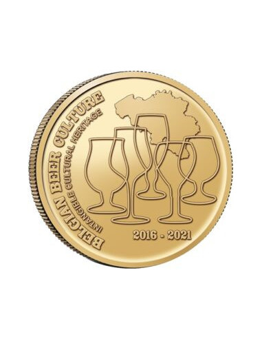 Awers monety Belgia 25 euro 2021 5. rocznica Niematerialne dziedzictwo belgijskiej kultury piwa