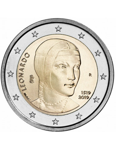 Awers monety Włochy 2 euro 2019 Pamięci Leonardo da Vinci w 500 rocznicę śmierci