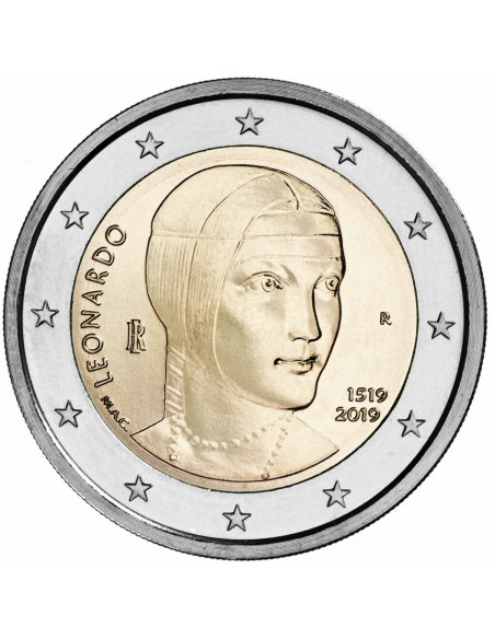 Awers monety Włochy 2 euro 2019 Pamięci Leonardo da Vinci w 500 rocznicę śmierci