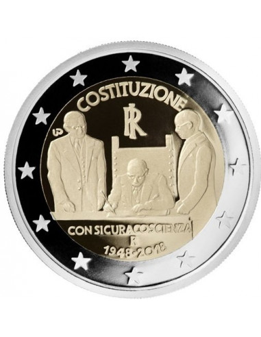 Awers monety 2 euro 2018 70lecie włoskiej konstytucji