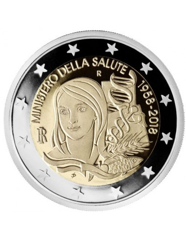 Awers monety 2 euro 2018 60 rocznica powstania włoskiego ministerstwa zdrowia