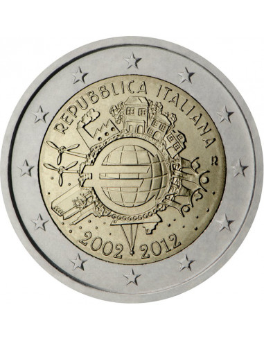 Awers monety 2 euro 2012 10lecie banknotów i monet euro Włochy