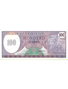 Przód banknotu Surinam 100 Gulden 1985 UNC