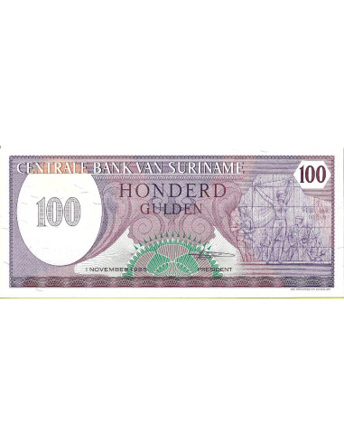 Przód banknotu Surinam 100 Gulden 1985 UNC