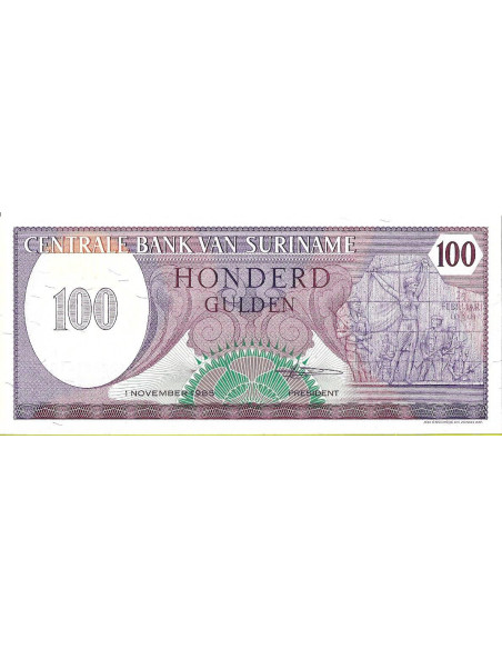 Przód banknotu Surinam 100 Gulden 1985 UNC