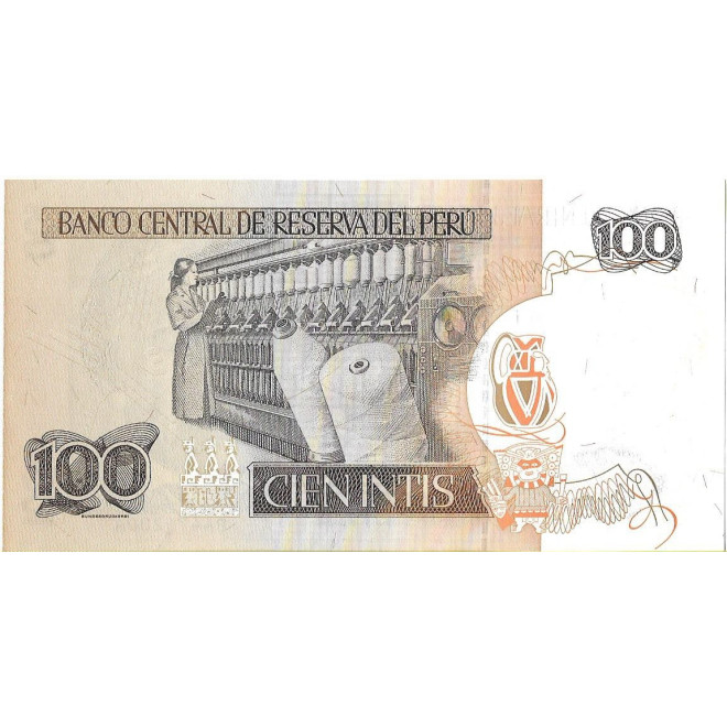 Tył banknotu Peru 100 Inti 1987 UNC