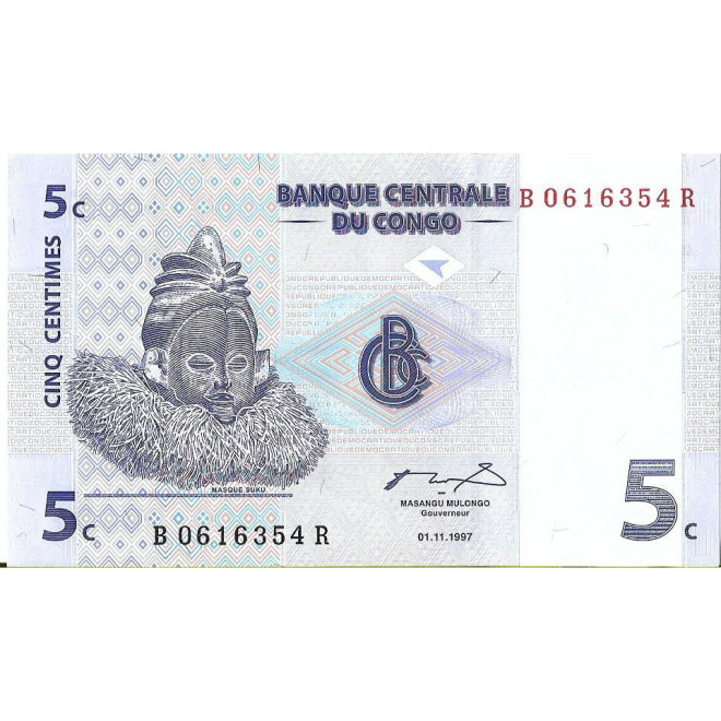 Przód banknotu DMK Zair 5 Centym 1997 UNC