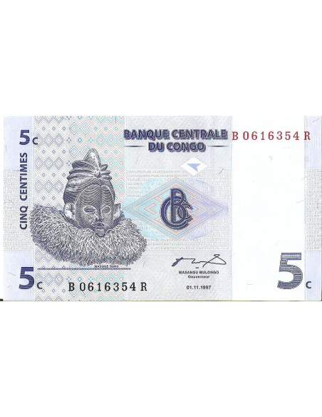 Przód banknotu DMK Zair 5 Centym 1997 UNC