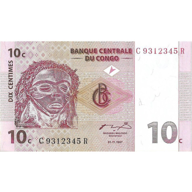 Przód banknotu DMK Zair 10 Centym 1997 UNC