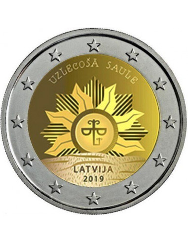 Awers monety 2 euro 2019 Herb wschodzącego słońca Łotwy