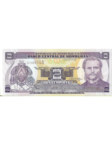 Przód banknotu Honduras 2 Lempira 2006 UNC