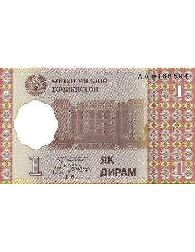 Przód banknotu Tadżykistan 1 Diram 1999 UNC