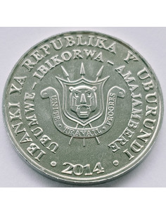 Awers monety Burundi 5 Franków 2014 Dzioborożec Bycanistes bucinator 2