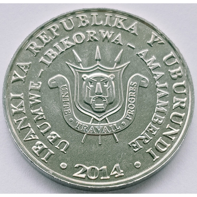 Rewers monety Burundi 5 Franków 2014 Dzioborożec Bycanistes bucinator