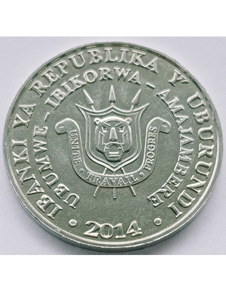 Rewers monety Burundi 5 Franków 2014 Dzioborożec Bycanistes bucinator