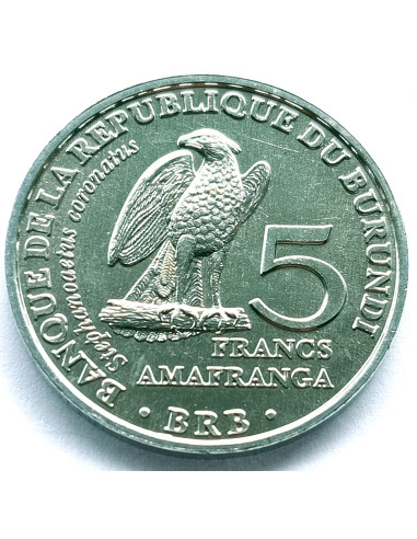 Awers monety Burundi 5 Franków 2014 Ptaki wojownik wspaniały Stephanoaetus coronatus