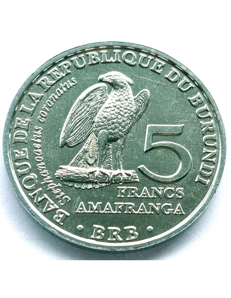 Awers monety Burundi 5 Franków 2014 Ptaki wojownik wspaniały Stephanoaetus coronatus
