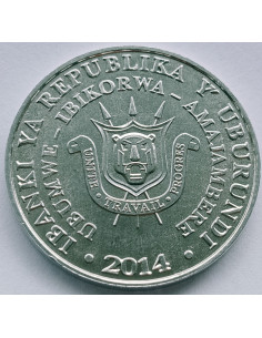Awers monety Burundi 5 Franków 2014 Ptaki wojownik wspaniały Stephanoaetus coronatus 2