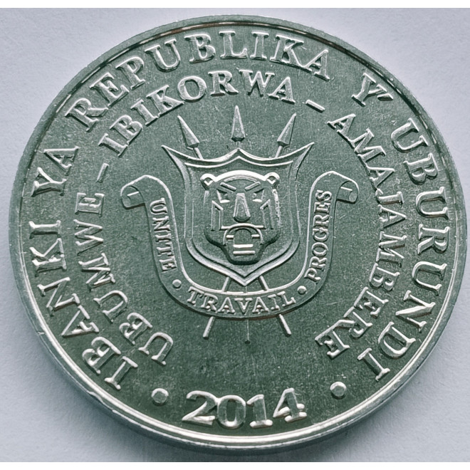 Rewers monety Burundi 5 Franków 2014 Ptaki wojownik wspaniały Stephanoaetus coronatus