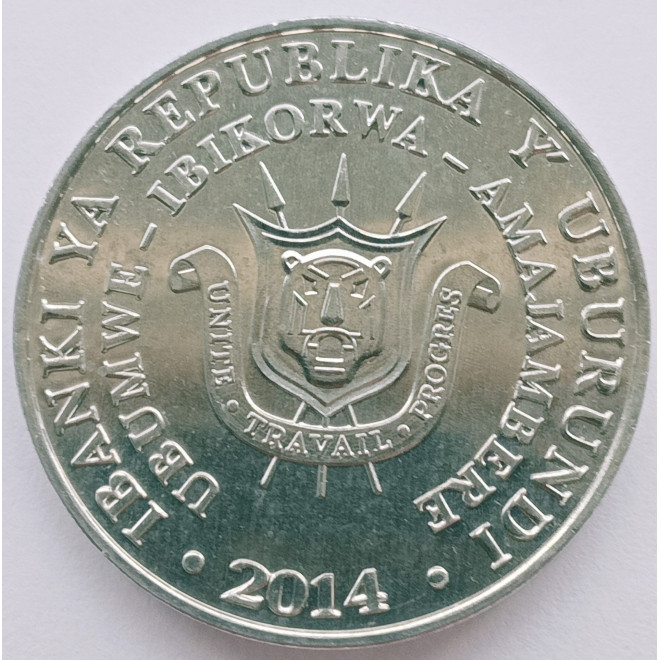 Rewers monety Burundi 5 Franków 2014 Bocian żółtodzioby Mycteria ibis Tantale ibis