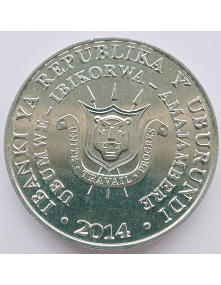 Rewers monety Burundi 5 Franków 2014 Bocian żółtodzioby Mycteria ibis Tantale ibis