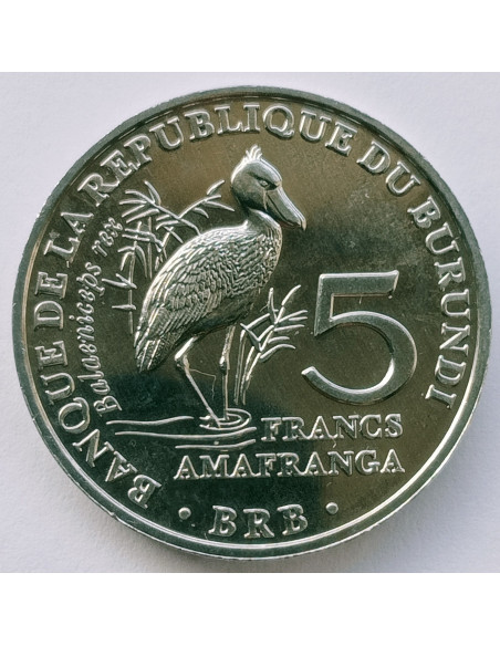 Awers monety Burundi 5 Franków 2014 Ptaki Trzewikodziób Balaeniceps rex