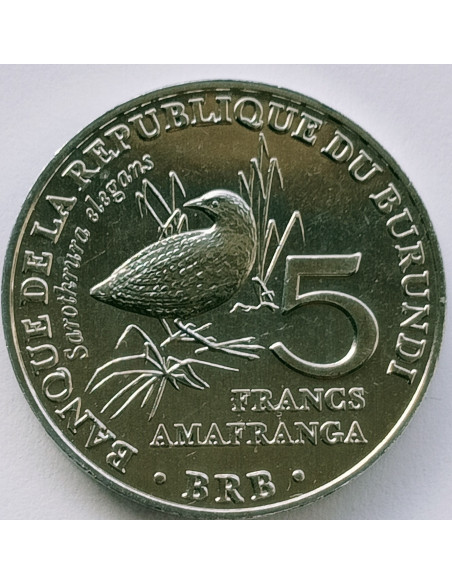 Awers monety Burundi 5 Franków 2014 Kusokurka plamista Sarothrura elegans