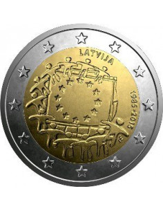 Awers monety Łotwa 2 euro 2015 30lecie istnienia flagi europejskiej Łotwa