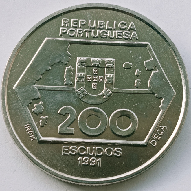 Rewers monety Portugalia 200 Eskudo 1991 Nawigacja na zachód