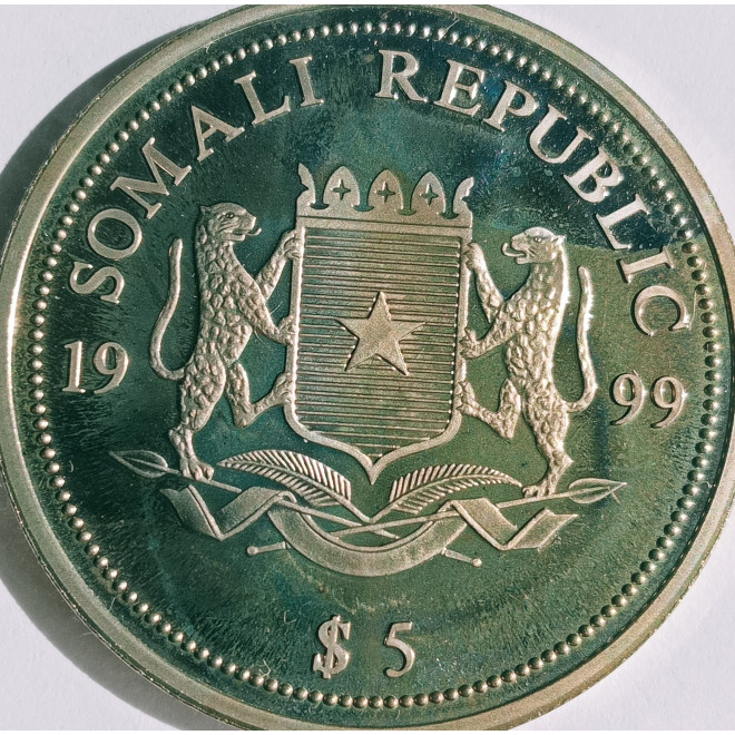 Rewers monety Somalia 5 Dolarów 1999 Roberto Benigni Zdobywca Oscara 1999