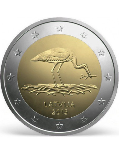Awers monety 2 euro 2015 30lecie łotewskiego Towarzystwa Ornitologicznego Bocian czarny