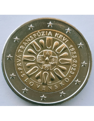 Awers monety Słowacja 2 euro 2023 100. rocznica Pierwsza transfuzja krwi na Słowacji