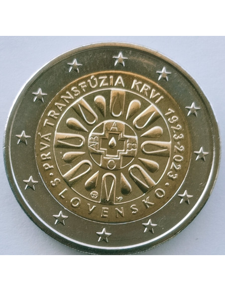 Awers monety Słowacja 2 euro 2023 100. rocznica Pierwsza transfuzja krwi na Słowacji