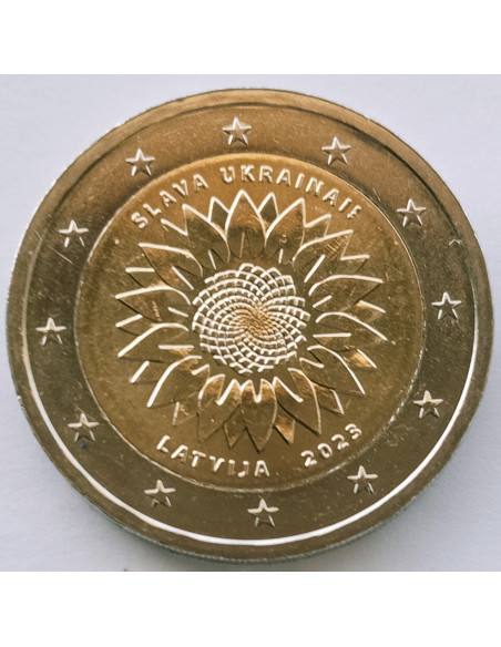 Awers monety Łotwa 2 euro 2023 Chwała Ukrainie