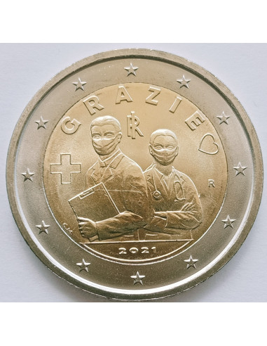 Awers monety Włochy 2 euro 2021 W podziękowaniu dla pracowników ochrony zdrowia