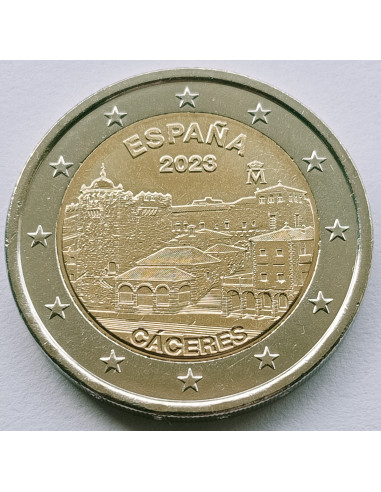Awers monety Hiszpania 2 euro 2023 UNESCO Stare Miasto Cáceres