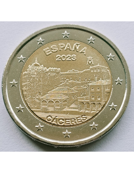Awers monety Hiszpania 2 euro 2023 UNESCO Stare Miasto Cáceres