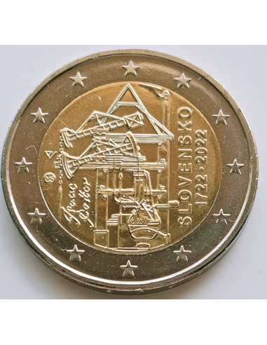Awers monety Słowacja 2 euro 2022 300lecie Pierwsza słowacka maszyna parowa